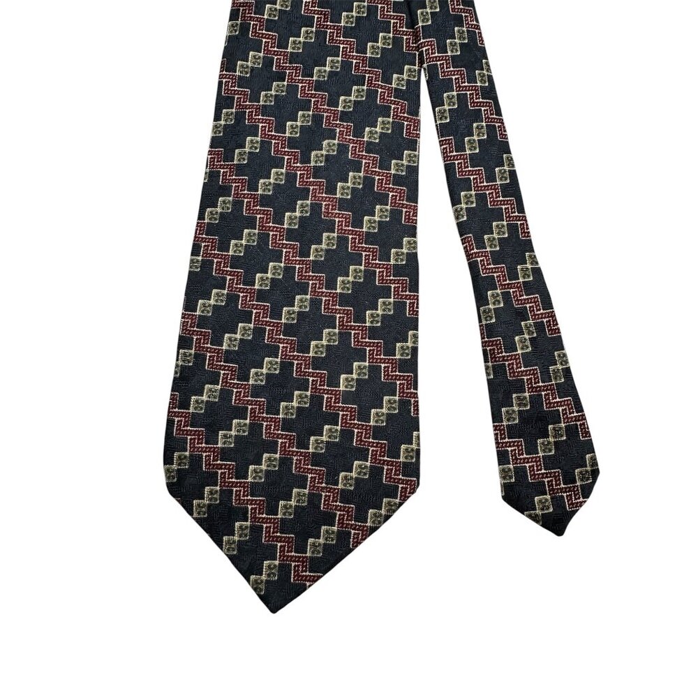 Claiborne Geometric Pattern Men's Silk Tie Red & Navy Vintage - Picture 2 of 5